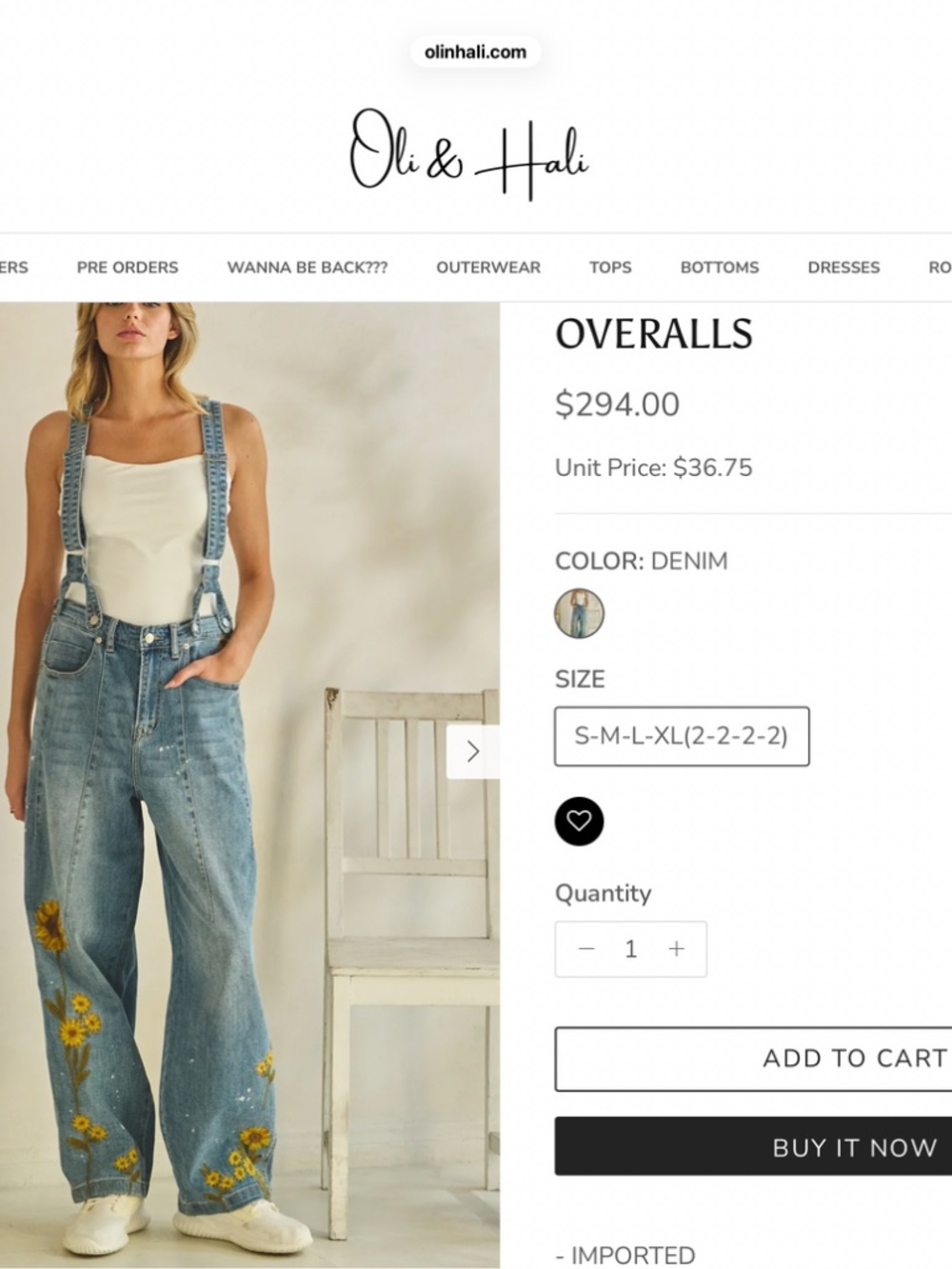 Oli & Hali Light Blue Denim Floral Embroidered Wide-Leg Overalls - Picture 3 of 11